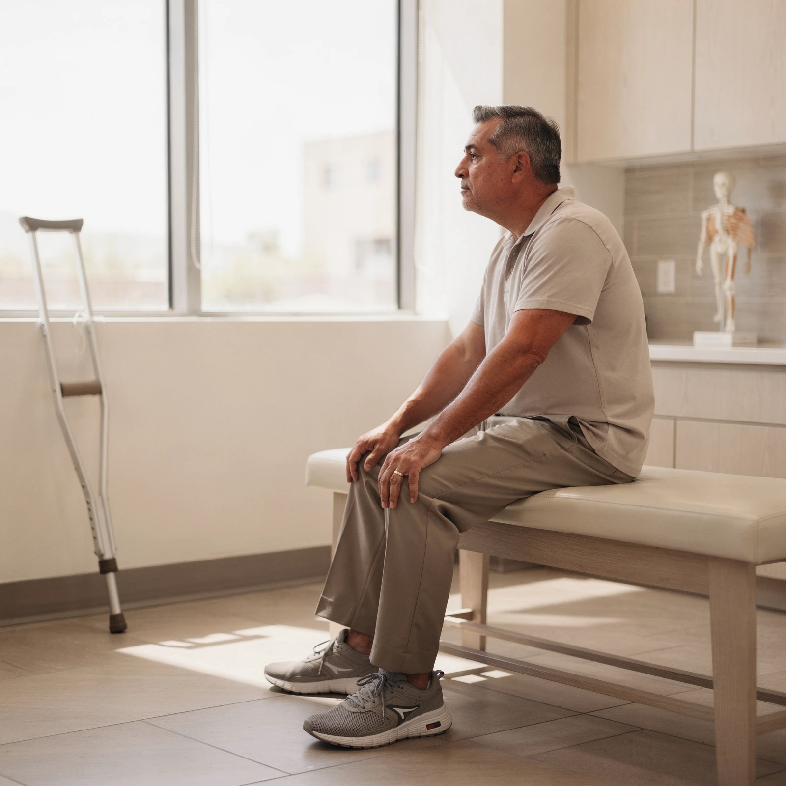 Patient sitting on examination table in bright clinic room with crutches nearby and anatomical skeleton model visible